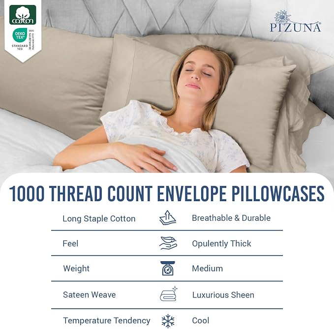 Pizuna 100% Cotton Pillow Cases Queen Size Set of 2 Luxury 1000 Thread Count Sateen Weave Long Staple Cotton Hotel Quality Envelope Closure Pillow Covers Fits Standard/Queen Pillows - Simply Taupe - Image 2