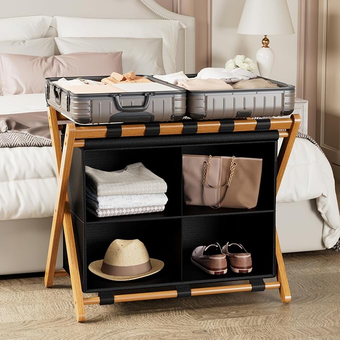 Bamboo Luggage Rack with 4 Storage Compartments, Foldable Suitcase Stand for Guest Room, 150lbs Capacity, Sturdy, Space-Saving and Easy to Assemble Organizer - Image 4