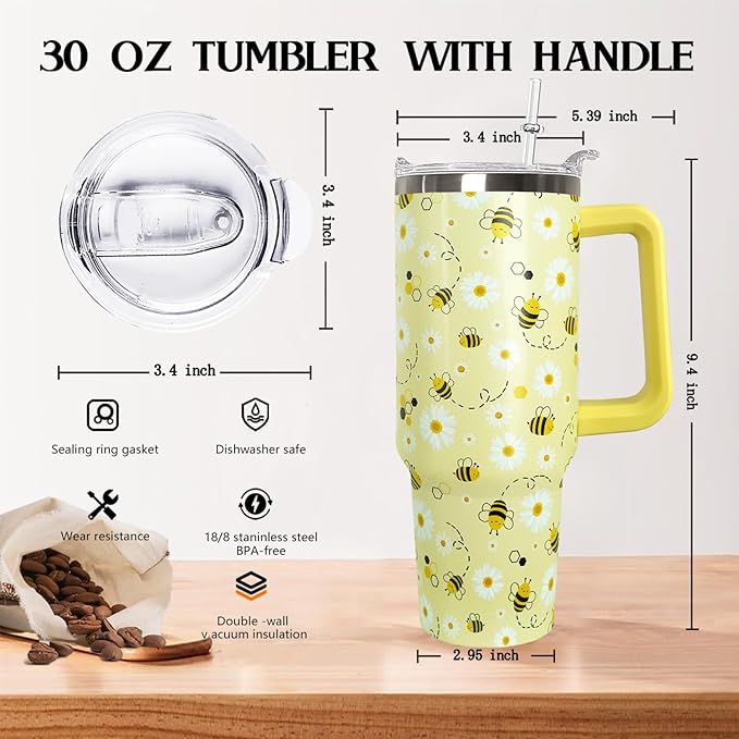 30 oz Bee Stainless Steel Tumbler with lid and Straw, Coffee Travel Mug Cup Water Botter,Bee Gifts for Women