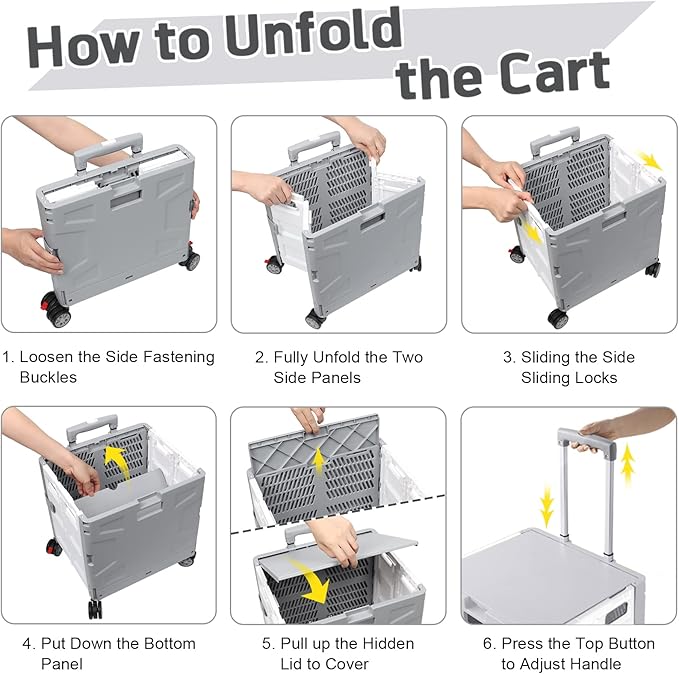 FELICON Folding Utility Cart Rolling Crate Handcart Basket Tote-Gray+White | Collapsible Hidden Lid,Plastic Box,Telescoping Handle,4 Rotate Wheels for Travel Shop Move Grocery Laundry Office Teacher Use - Image 4