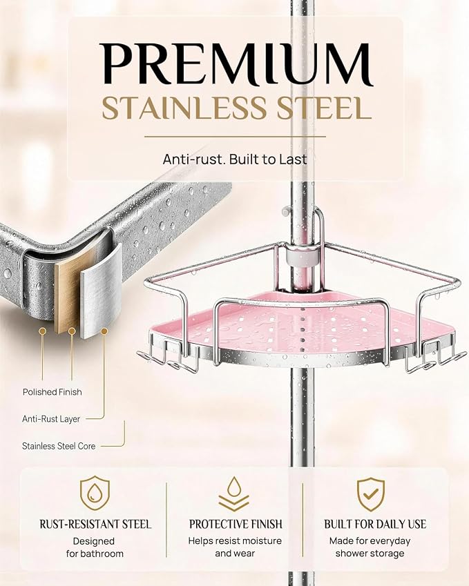 ALLZONE Corner Shower Caddy Tension Pole, 4 Hang-On Basket with Mixed-Height Shelves for Various Bottle Sizes, Extra Hooks & Soap Holder, Rustproof Stainless Steel, Fits 34–116 Inch, Silver/Pink - Image 7