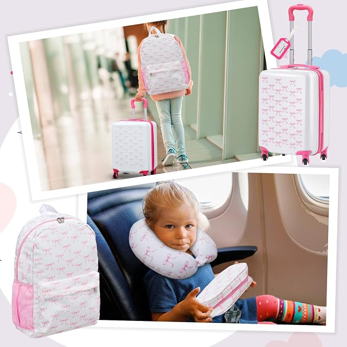 Redbaker 6 Pcs Kids Luggage Set, 17 Inch Rolling Suitcase with Backpack Lunch Bag Neck Pillow, Pink Bow Travel Set for Summer Vacation Sleepover Back to School Gift - Image 6