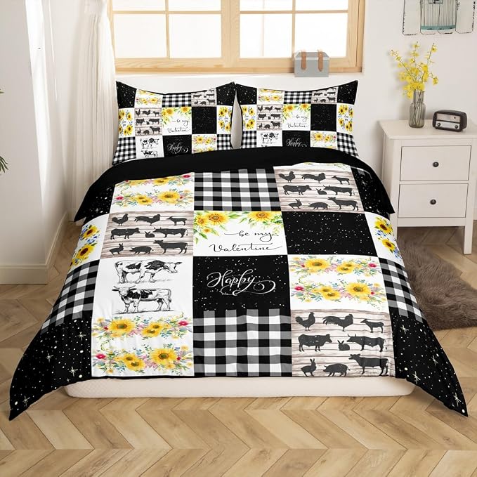 Erosebridal Cow Print Bedding Queen for, Farm Cow Duvet Cover Sunflower Decor Comforter Cover for Girls Women Boys, Grids Patchwork Pattern Bedding Wild Animal Starry Sky Bedspread - Image 4
