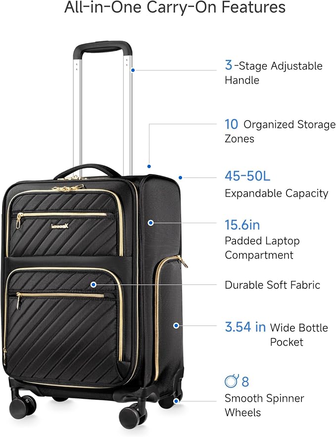LUGGEX Carry On Luggage with Wheels, UDK Expandable Lightweight Rolling Suitcase, Soft Sided Carry On Suitcase for Weekend Trip (UX-Core, Black, 21 Inch) - Image 6