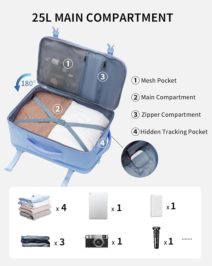 ECOHUB 17" Small Travel Backpack, United Airlines Personal Item Bag 17x10x9 with 16 Pockets, Water Resistant Rucksacks Fit 15.6" Laptop, AirTag Pocket, Lightweight Casual Daypack, 25L, Light Blue - Image 3