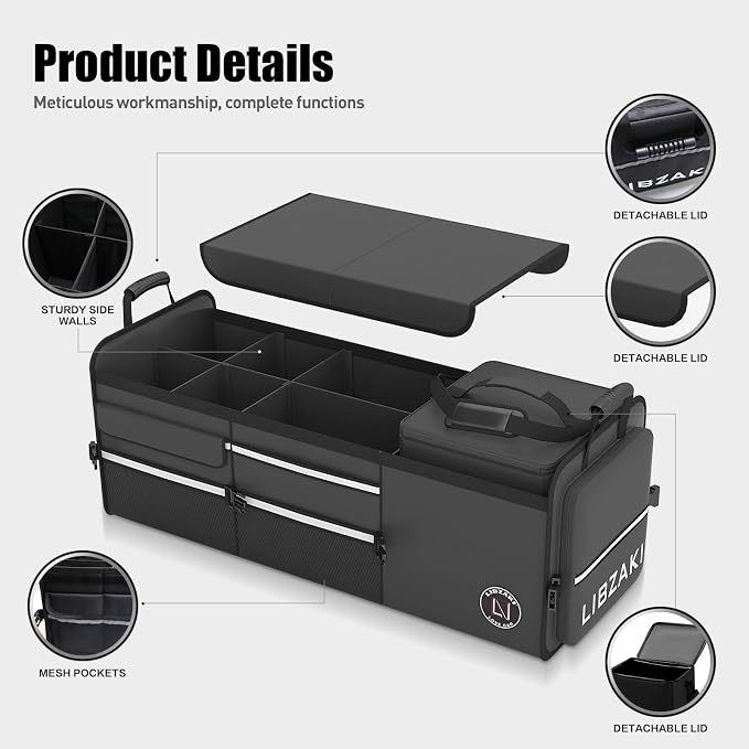 LIBZAKI Oversize 4 in 1 Car Trunk Storage Organizer, Multi Compartment Collapsible Trunk Storage Box with Cooler Bag for Car Truck SUV-Black - Image 4