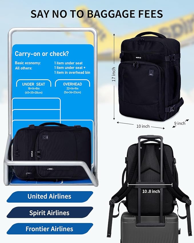 ECOHUB 17" Small Travel Backpack, United Airlines Personal Item Bag 17x10x9 with 16 Pockets, Water Resistant Rucksacks Fit 15.6" Laptop, AirTag Pocket, Lightweight Casual Daypack, 25L, Black - Image 2