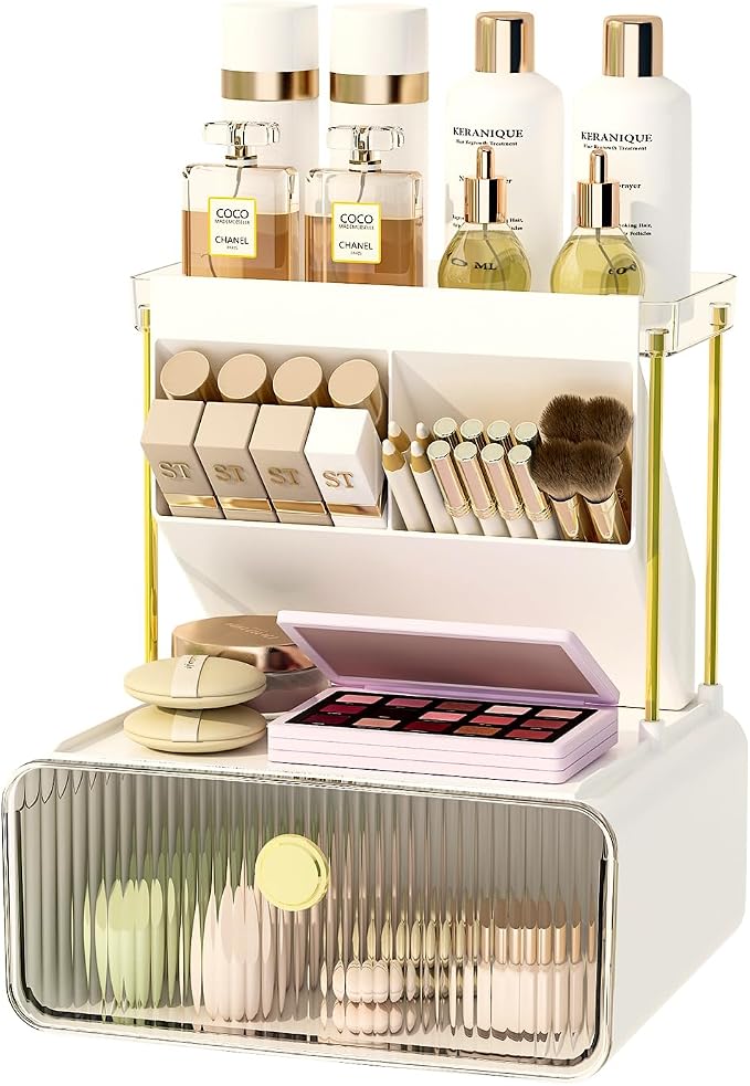 FOLLOWIN Bathroom Counter Organizer with Drawer, Dresser Top Organizer with Make Up Brush Holder, Makeup Shelf, Vanity Organizers, Cosmetic Perfume Organizer, Clear by FOLLOWIN