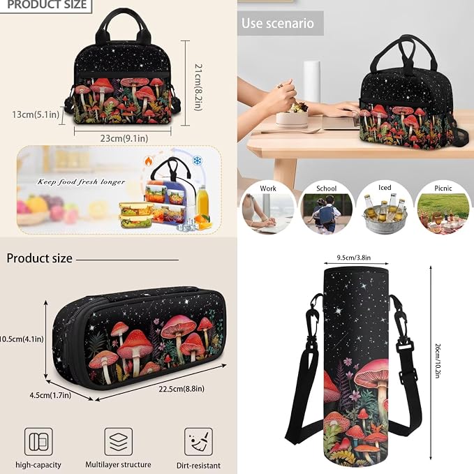 Cottagecore Mushroom Backpack 4 Pcs Cute Wild Flower Mushroom Schoolbag Set with Lunch Box Pencil Holder Case Water Bottle Carrier Bag Sling Bags for Boy Girl，Durable Causal Daypack - Image 6