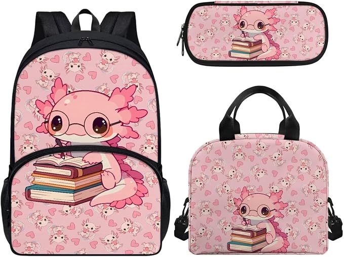 Axolotl Book Backpack for Kids, Girls Cute Backpack School Bookbags with Insulated Lunch Box Pencil Case 3 in 1, Lightweight Backpack for Travel by CndexdWearfunPrintjoy