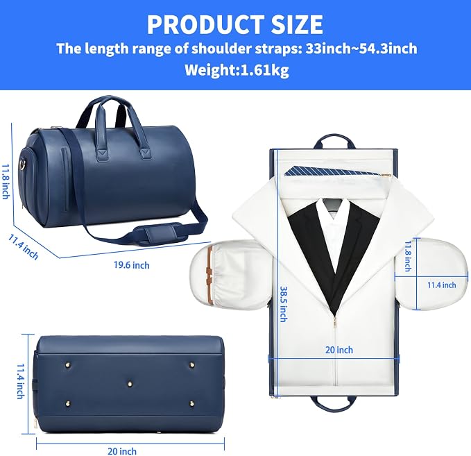 Leather Garment Bag，Convertible Garment Duffel Bag for Travel Mens Suit Bag 2 in 1 Waterproof Foldable Carry on Garment bag with Shoulder Strap Weekender Bag with Shoe Pouch - Image 3