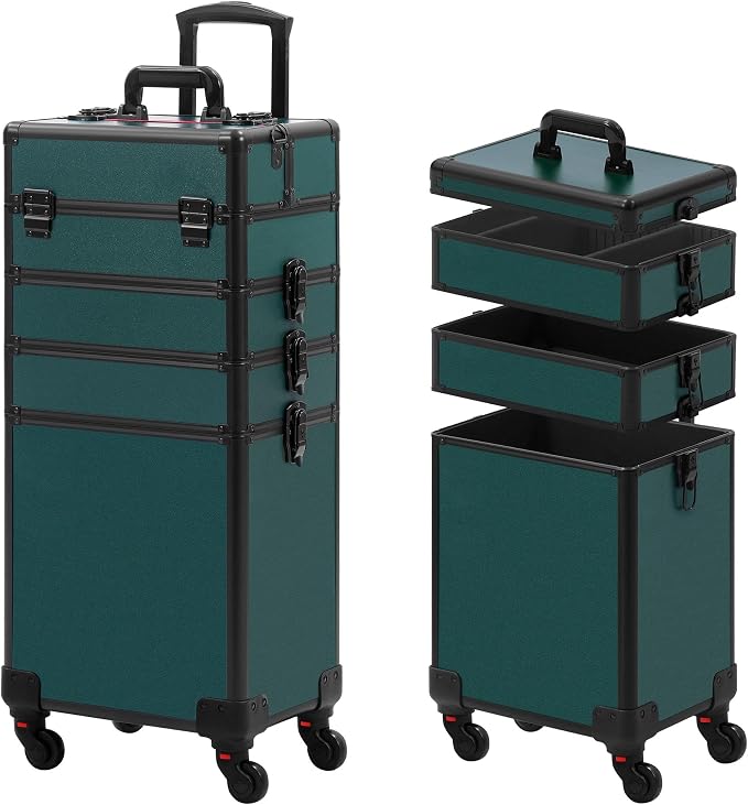 Somduy Makeup Train Case, Rolling Makeup Case with Lid, 5 in 1 Cosmetology Case on Wheels, Christmas Gift, Large Makeup Case Organizers, Profesional Cosmetic Case for Salon Barber, Black Green - Image 9