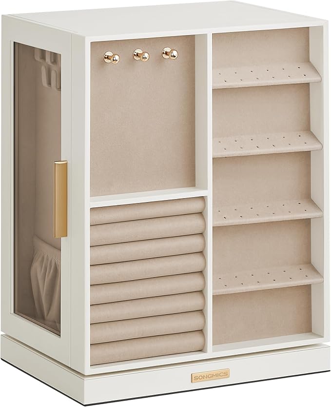 SONGMICS GISELLA Collection - Jewelry Box Organizer 360° Rotating, Vertical Jewelry Storage Case with 5 Drawers, Glass Window, Spacious, Open Design, Great Gift, Cloud White UJBC170W01 - Image 8