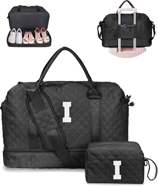 Gifts for Friends-Initial Duffle Bag with Shoe Compartment, Personalized Weekender Bag, Monogram Overnight Bag, Travel Bag with Makeup Bag，Birthday Gifts Bag for Daughter Sister (Letter I) by Vogewood
