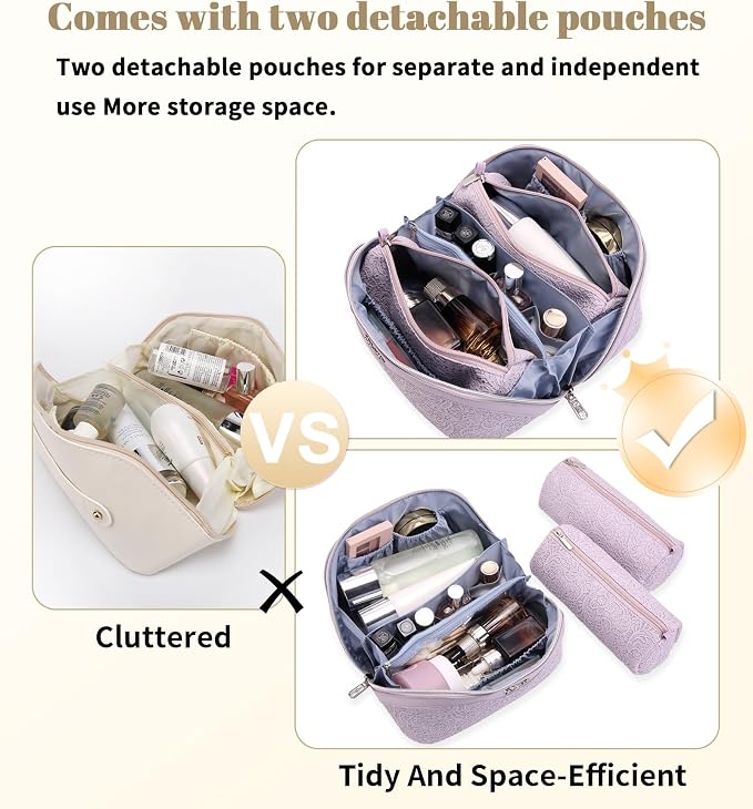 BOYATU Travel Makeup Bags Cosmetic Organizer Bag: 3-Set Large Capacity Make up Bag - PU Leather Toiletry Bags for Women - Wide Open Portable Pouch with Divider & Handle (A-Violet) - Image 5