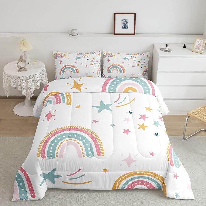 Erosebridal Rainbow Duvet Insert King Cartoon Rainbow Comforter Set, Colorful Iridescent Confetti Bedding Set for Kids Boys Girls Teens Women Bedroom Decor, Hand Drawn Quilt with 2 Pillow Cases - Image 2