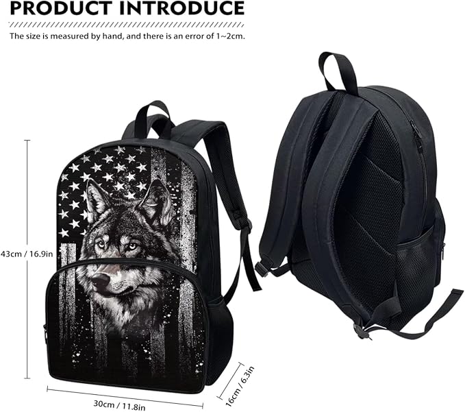 Wolf School Backpack for Boys, American Flag Black Bookbag Set of 4, Kids 17 Inch Laptop Backpack Pen Case Lunch Box Water Bottle Holder for Middle Elementary Senior Year School Ages 8-10 - Image 2
