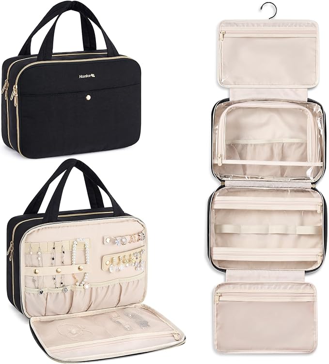 Hanke Hanging Travel Toiletry Bag for Women with Jewelry Organizer Compartment, Travel Essentials Toiletries and Makeup Bag, Water-Resistant & Stain-Resistant with Trolley Strap (Black) by Hanke