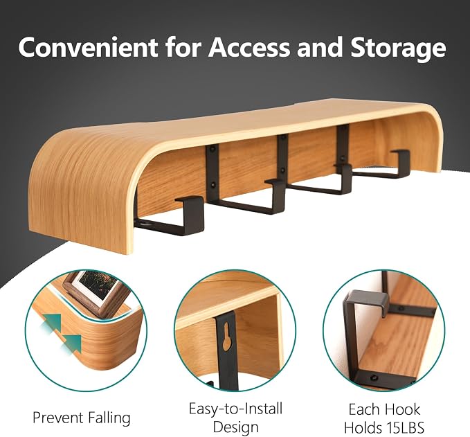 Coat Rack Wall Mount with Hidden Hooks Modern Key Holder Wood Entryway Hook with Shelf for Bedroom Kitchen Hallway Bathroom Designed for Hanging Coats Hats Bags Towels Dog Leashe(Oak,4 Hooks) - Image 4