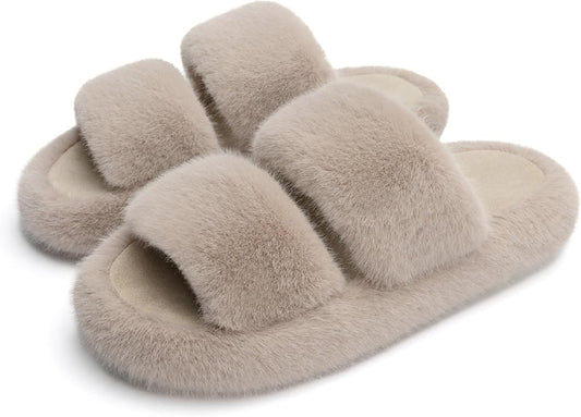Chantomoo Women's Memory Foam Fuzzy Comfy Faux Fur House Shoes - Furry Bedroom Indoor Open Toe Slippers with Two Bands - Trendy Gift Slippers