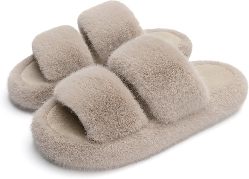 Chantomoo Women's Memory Foam Fuzzy Comfy Faux Fur House Shoes - Furry Bedroom Indoor Open Toe Slippers with Two Bands - Trendy Gift Slippers