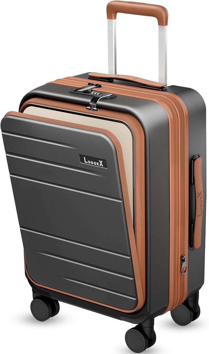 LUGGEX Carry On Luggage 22x14x9 Airline Approved, Expandable Polycarbonate Suitcase with Front Pocket (FX-Core, Brown-Black, 20 Inch) by LUGGEXLUGGAGE
