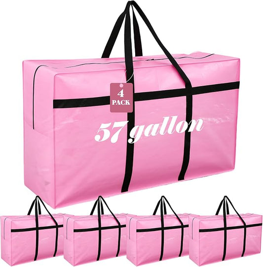 Windyun 4 Pack 57 Gallon Extra Large Moving Bags XXL Heavy Duty Storage Bag with Strong Zipper Handle Jumbo Big Tote Box Foldable for College Dorm Travel Clothes Duffle Blanket Pillow(Pink) by Windyun
