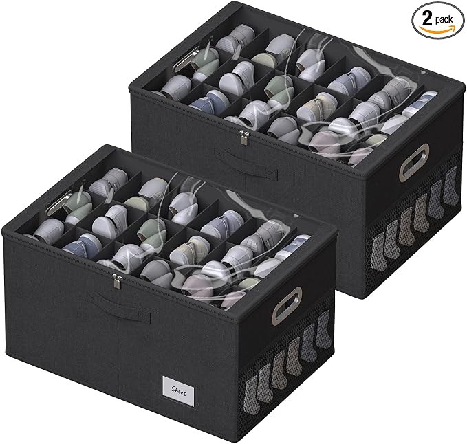 2 Pack Shoe Organizer for Closet Large Shoe Box Storage Containers with Clear Window Space Saving Shoe Bin with Foldable Bottom Support Adjustable Dividers Fits 36 Pairs (Black, (24.4*16.5*13inch)x2) by FHSQX