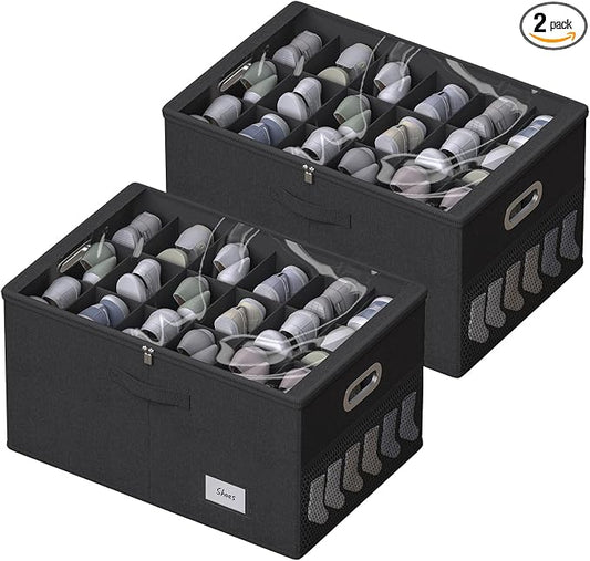 2 Pack Shoe Organizer for Closet Large Shoe Box Storage Containers with Clear Window Space Saving Shoe Bin with Foldable Bottom Support Adjustable Dividers Fits 36 Pairs (Black, (24.4*16.5*13inch)x2) by FHSQX