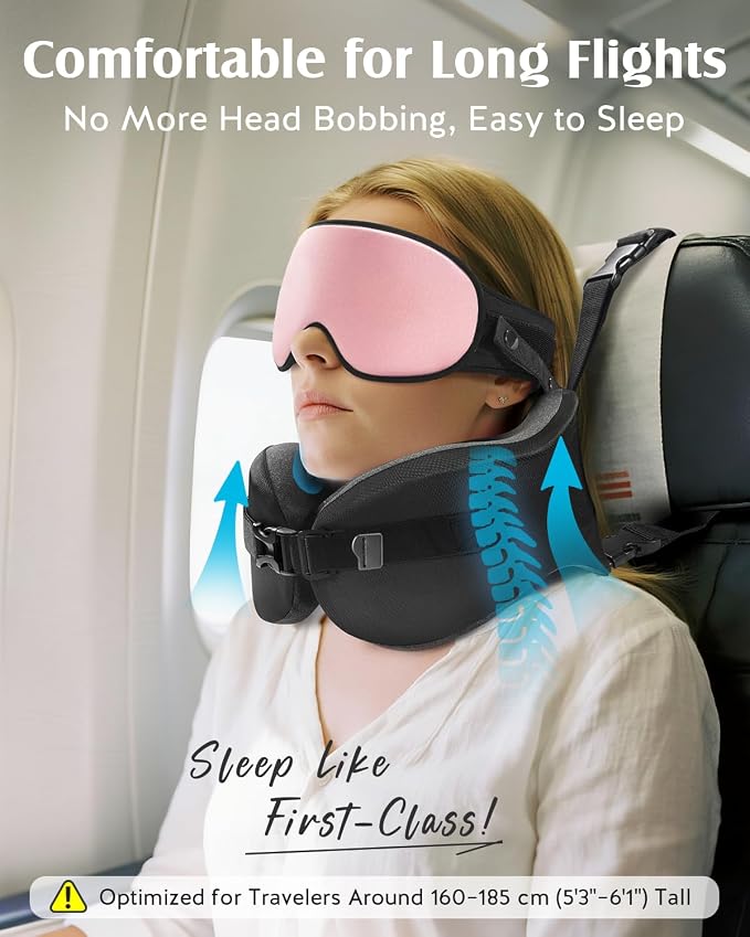YFONG Travel Pillow for Long Flight Airplanes, Head Strap Combo with 3D Contoured Eye Mask for Sleep, Neck Pillow for Car Trip Essential, 360° Support Memory Foam Headrest, Prevent Head Bobbing, Pink - Image 2
