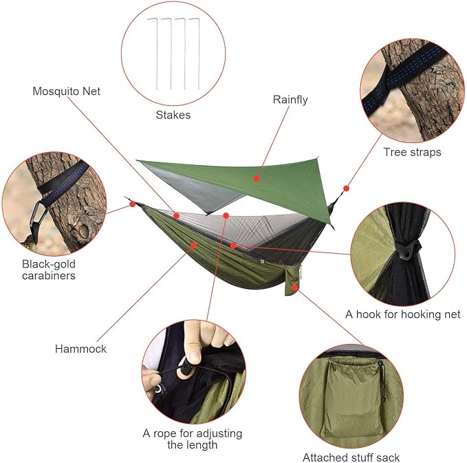 Camping Hammock with Rain Fly Tarp and Mosquito Net Tent Tree Straps, Portable Single Double Nylon Parachute Hammock Rainfly Set for Backpacking Hiking Travel Yard Outdoor Activities Green - Image 5