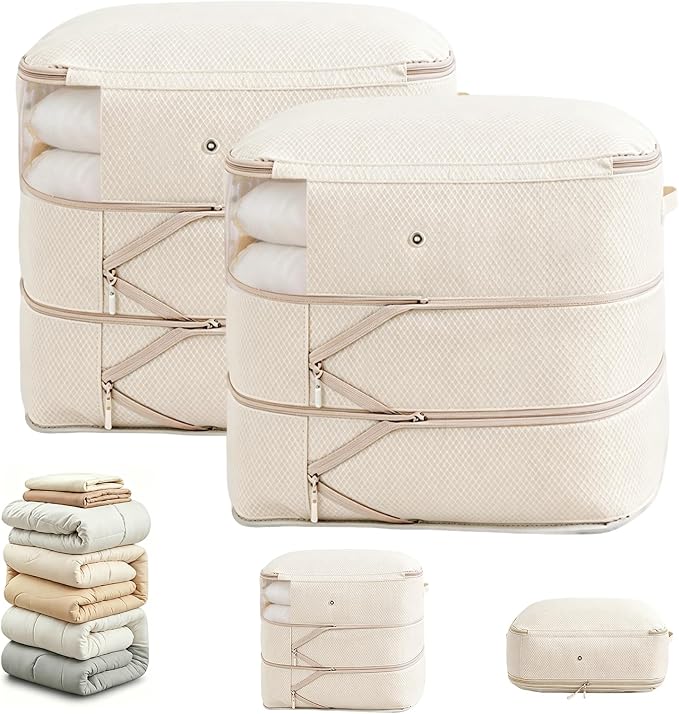 Comforter Storage Bag, Large Capacity Blanket Storage Bags 3-Layer Ultra Space Saving Self Compression Organizer, Heavy Duty Space Saver Organizer for Bedding, Clothes, Blanket, 2-Pack, Beige by Unknown