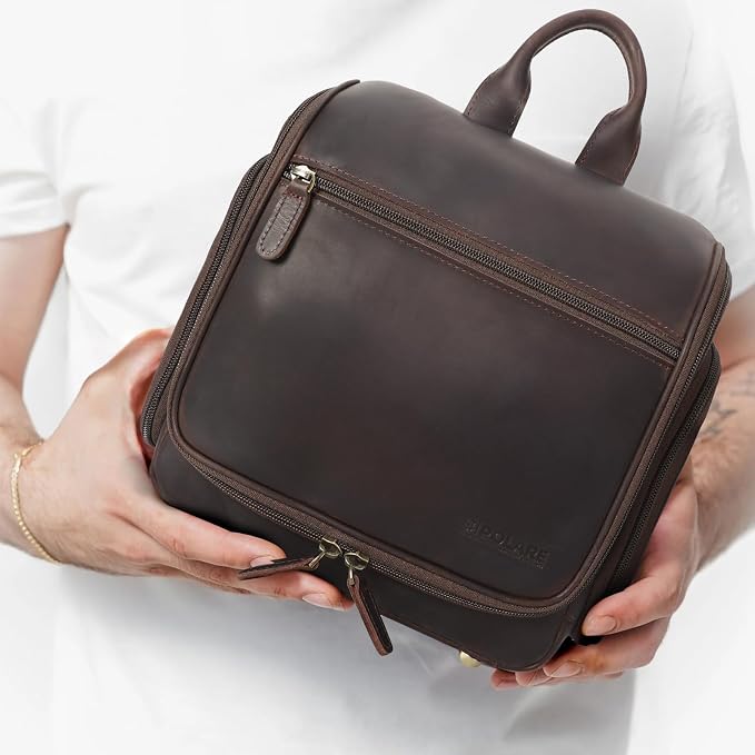 Polare Full Grain Leather Toiletry Bag Travel Hanging Organizer Case Shaving Kit Wash Bag Makeup Cosmetic Dopp Kit with YKK Zippers - Image 2
