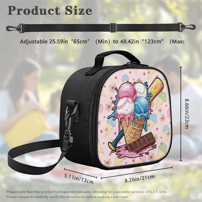 Ice Cream Cone Baseball 4-Piece Backpack Set with Lunch Box, Pencil Case & Dinosaur Charm, 17 Inch Bookbag for Girls 4th 5th 6th Grade Large Capacity Sport Backpack - Image 5