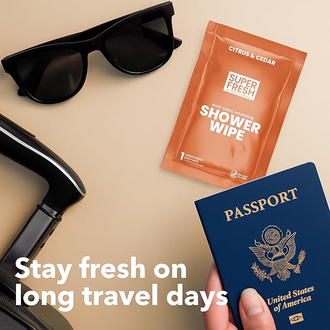 Super Fresh Shower Wipes Large Citrus Body Wipes for No Rinse Bathing Personal Hygiene Gym Travel or Camping Enriched with Aloe and Vitamin E 50 Individually Wrapped Disposable Sheets