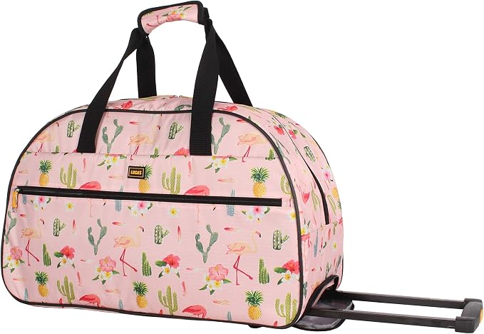 Lucas Designer Carry On Luggage Collection - Lightweight Pattern 22 Inch Duffel Bag- Weekender Overnight Business Travel Suitcase with 2- Rolling Wheels (22in, Flamingo) by LUCAS