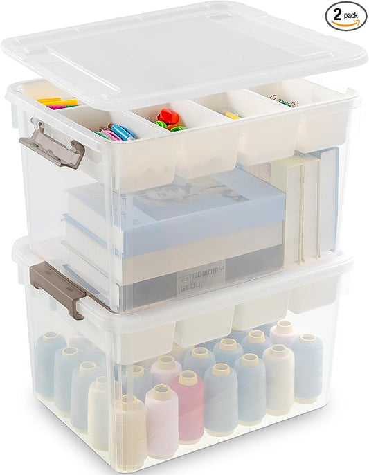 Citylife 32QT 2Packs Clear Craft Organizers and Storage Box with Tray | Stackable Art Supply Organizer Storage Bins with Lids for Beads, Markers, Sewing, Tools, Clothes, Files, Office Supplies by CITYLIFEHomeOrganization