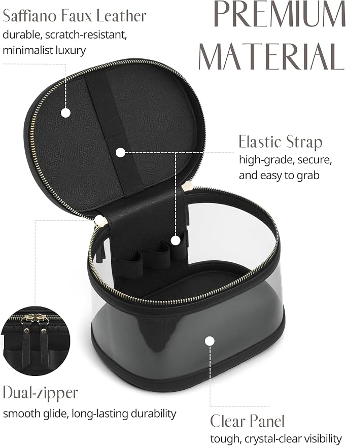 Popvibe Travel Makeup Bag Clear Compact Make Up Vanity Case with Brush Storage and Top Handle, Toiletry Makeup Case Traveling Leather Cosmetic Bag, Portable Medium Large Sized Train Case, Black - Image 5