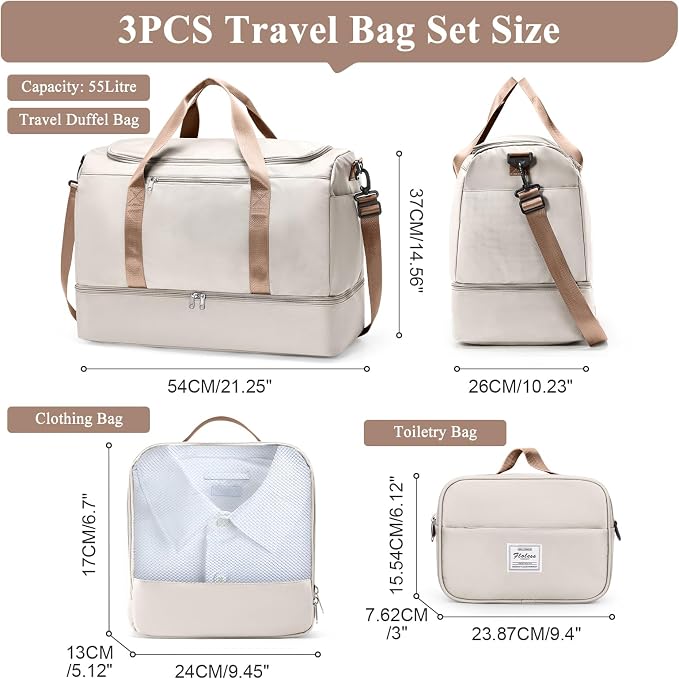 Extra Large Travel Duffel Bag, Carry-On Weekender Bags for Women Travel | Overnight Weekend Bag with Shoes Compartment for Travel Business Trips Sport Hospital,3 Pcs Set,Beige & Brown - Image 2