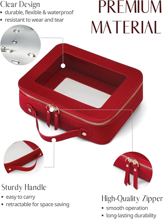 Popvibe Clear Makeup Bag Travel Cosmetic Case Toiletry Bag with Zipper, Red, Medium and Large - Image 5