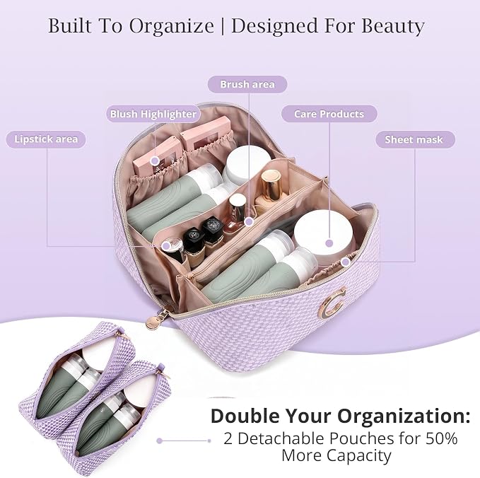 Personalized Gift Travel Makeup Bag: Initial Makeup Organizer Bag for Women | 3-in-1 Custom Make up Bag Set - Vegan Leather Travel Cosmetic Bag - Luxury Gift for Women – Birthday, Anniversary, Graduation - Image 3