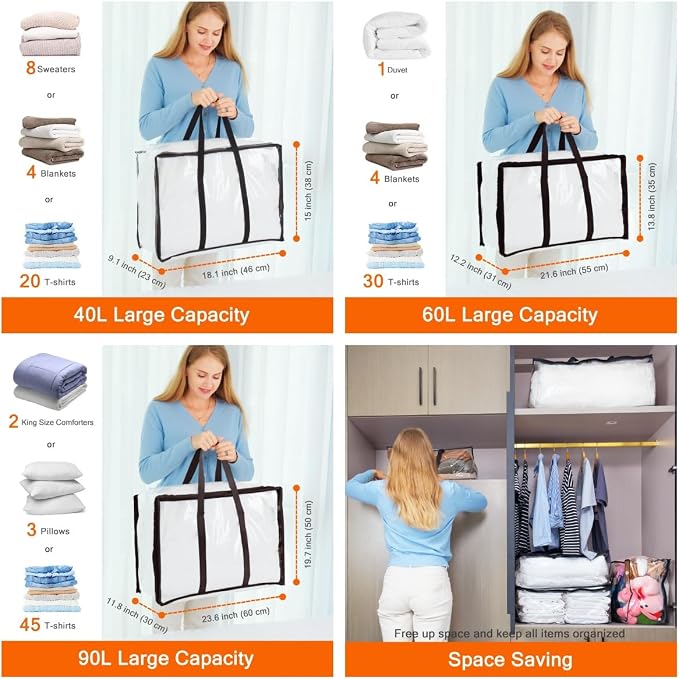Vieshful 3 Pack 40L+60L+90L Clear Clothes Storage Bag, Zippered Closet Organizer, Plastic Storage Containers Moving bags for Comforter, Blanket, Bedding, Duvet, Toys - Image 2