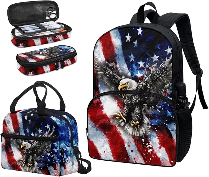 American Flag Eagle Star Backpack Bookbag with Front Pocket Kids Preschool Elementary Bookbag with Lunch Box Pencil Case Set of 3Pcs Daypack Sackpack Blue - Image 6