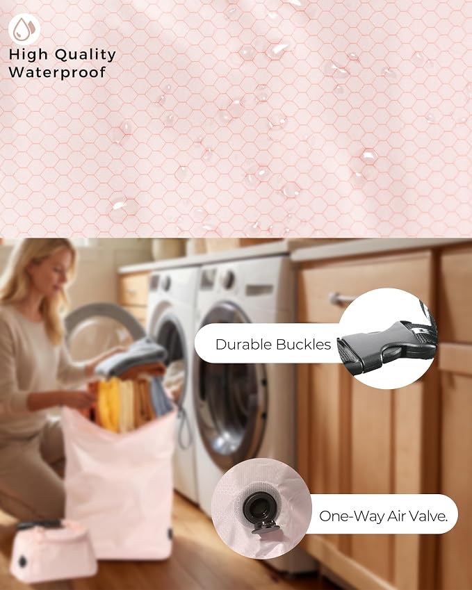 Travel Laundry Bag, Pump-Free Vacuum Compression Dirty Clothes Bag, Reusable Waterproof & Washable Laundry Bag, Wet and Dry Bag, Ideal for Suitcases, Road Trip Essentials (2 Pcs, L+L) Pink - Image 5