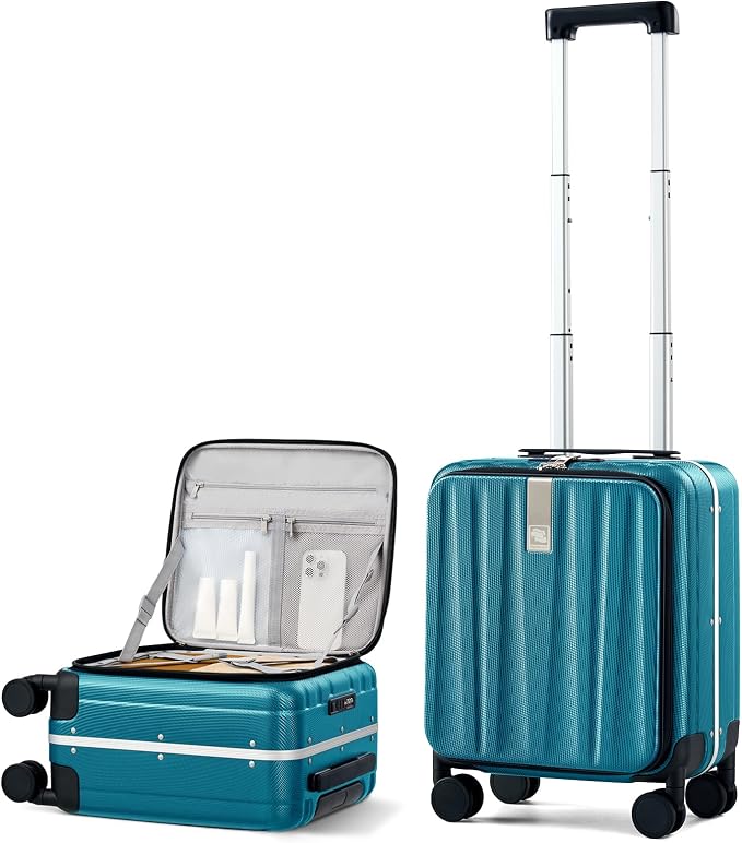 Hanke 16 Inch Small Carry On Luggage Hard Shell Top Opening Aluminum Frame Suitcase with Spinner Wheels, Underseat Front Open Luggage for Men & Women Business Travel and Short Trips, Caribbean Blue by Hanke