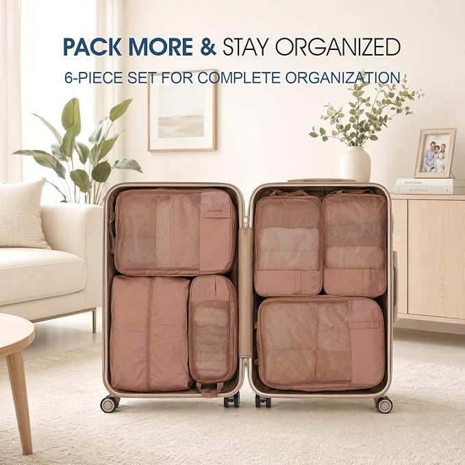Compression Packing Cubes for Travel - Double Zipper Luggage Organizer Bags for Suitcases (6-Pack, Mocha) - Image 8