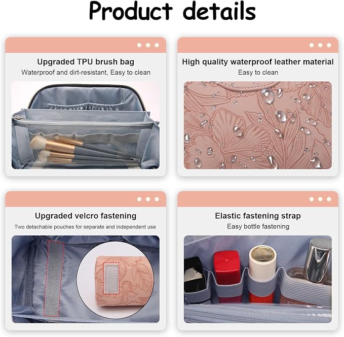 BOYATU Travel Makeup Bags Cosmetic Organizer Bag: 3-Set Large Capacity Make up Bag - PU Leather Toiletry Bags for Women - Wide Open Portable Pouch with Divider & Handle (01-Z-Pink) - Image 5