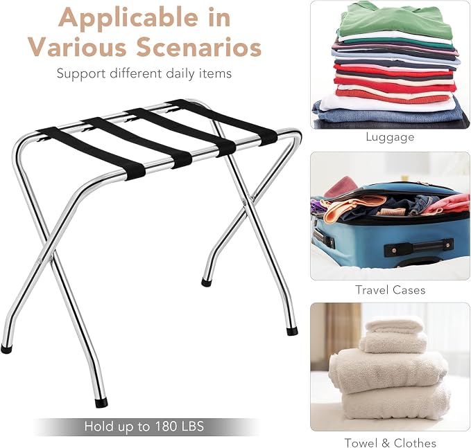 MAT EXPERT Folding Luggage Rack, No Assembly Required, 180lbs Capacity Luggage Holder w/ Nylon Straps & Non-slip Footpads, Chrome Suitcase Stand for Guest Room Home Bedroom Hotel, Set of 2, Silver - Image 7