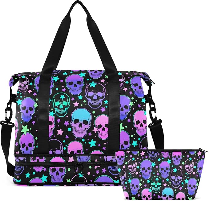 Travel Duffel Tote Bag Stars Purple Skulls Sports Duffel Bag with Wet Pocket Weekender Overnight Bag for Women Men Gym Bag, Carry On Bag Hospital Bag for Labor and Delivery by MNSRUU