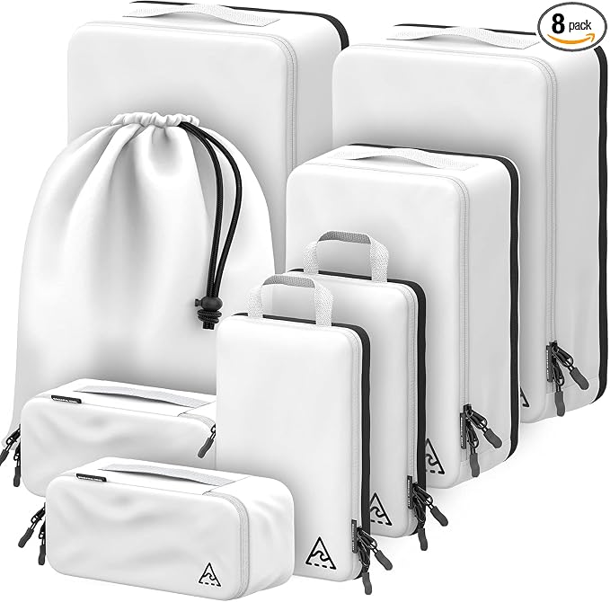 Well Traveled 8 pcs Compression Packing Bags Cubes Set with HybridMax Double-Capacity Design - Packing Cubes for Travel Compression to Maximize Limited Luggage Space, White by WellTraveled